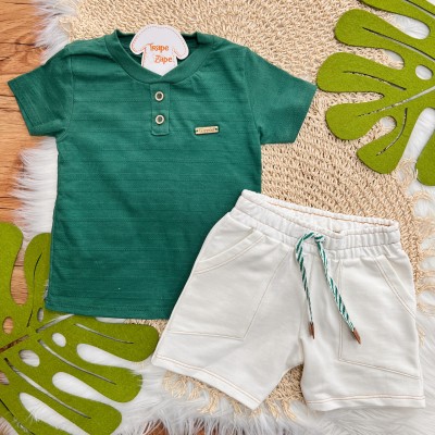  Conj. Camiseta com Dois Botões e Bermuda em Moletinho - Verde e Off White